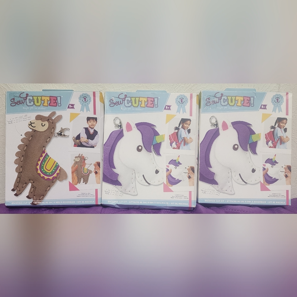 3 ALL NEW Sew Cute Unicorn & Llama Kids Beginner Felt Backpack Clip Sewing Kit